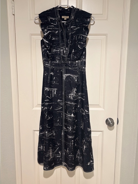 Burberry Dresses & Skirts - Burberry Black Midi Silk Dress with White Scenic Sketch Print & Ruffle Detail